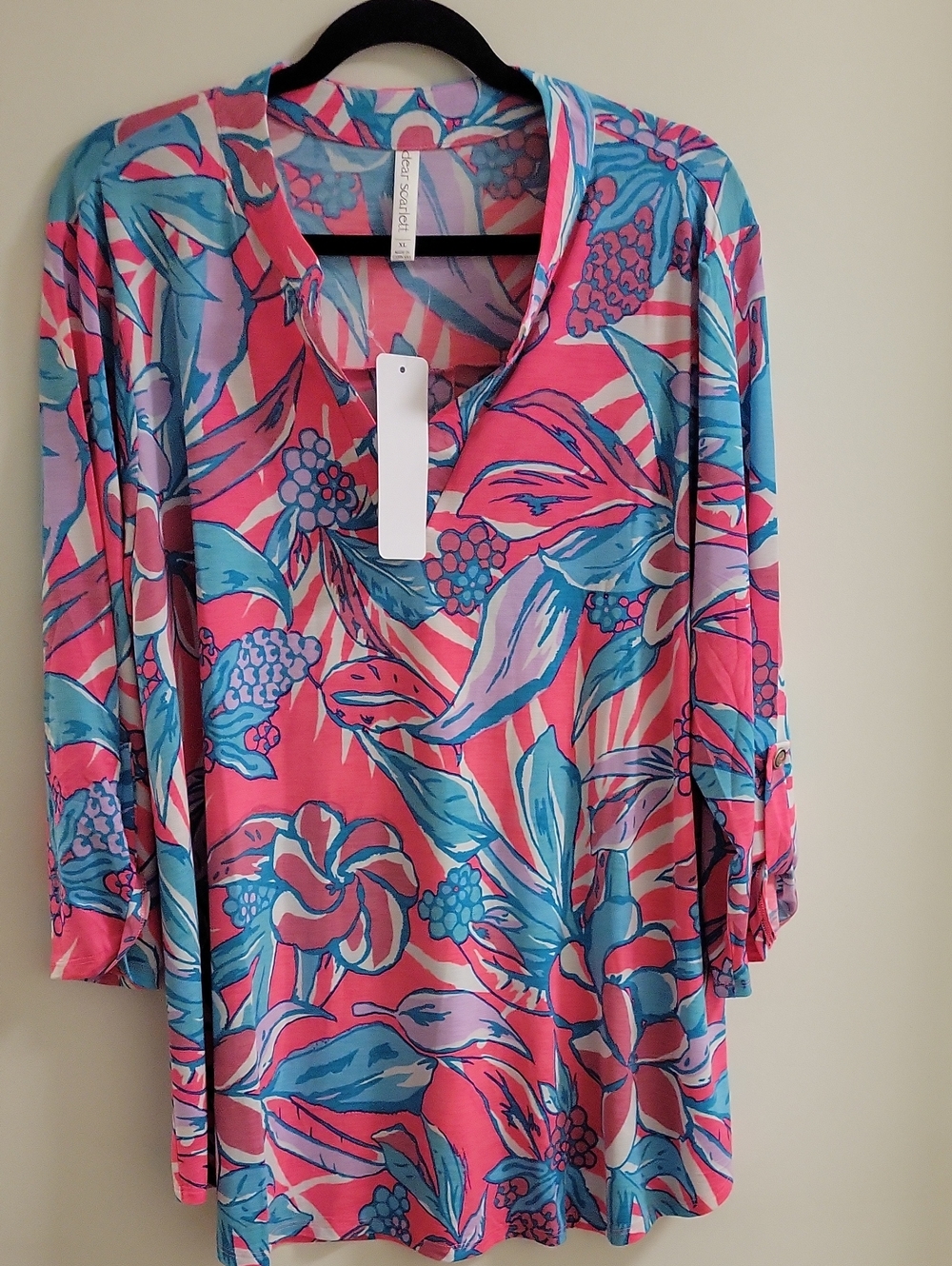 Scarlett Bright Pink Floral V-Neck 3/4‎ Sleeve  Summer Tunic Size XL
